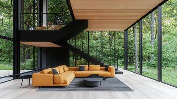Modern Luxury Home Design Yellow Sofa in Open Plan Living Room with Floor to Ceiling Windows and Forest View photo