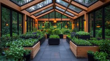 Indoor Greenhouse with Wooden Structure and Lush Greenery Modern Garden Design photo