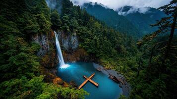 Serene Waterfall Cascading into a Lush Forest Pool with Wooden Cross Bridge Stunning Nature Landscape photo