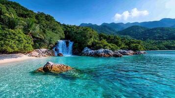 Serene Waterfall cascading into crystal clear tropical ocean beach paradiseA stunning landscape view photo