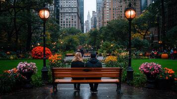 Couple Sitting on a Bench in a City Park Autumn Day Romantic Urban Scene photo