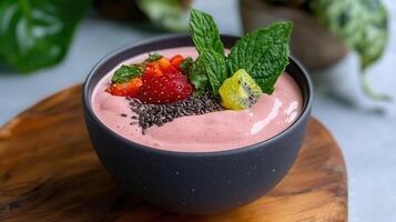 Delicious Strawberry Smoothie Bowl with Kiwi and Chia Seeds a Healthy Breakfast or Snack Option photo