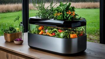 Modern Indoor Smart Garden Growing Fresh Herbs Vegetables and Salad Greens photo