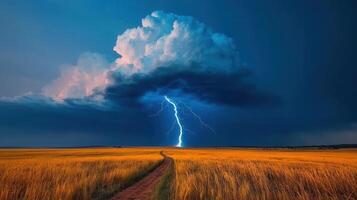 Dramatic Lightning Strike over Golden Wheat Field Rural Landscape Nature photo