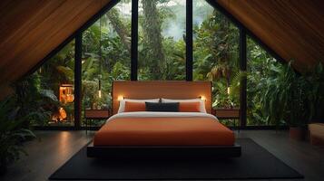 Serene Bedroom with Tropical View Luxurious Bed Orange Bedding Modern Design photo