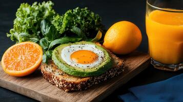 Healthy Breakfast Avocado Toast with Fried Egg Orange and Juice photo