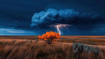 Dramatic Lightning Strike over Golden Prairie Landscape with Single Autumn Tree photo