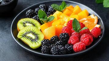 Delicious summer fruit salad with kiwi mango raspberries and blackberries in a black bowl Healthy eating concept photo