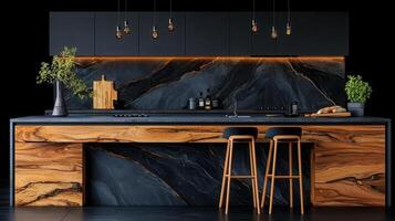 Modern Luxury Kitchen Design with Dark Marble and Wood Island Featuring Two Bar Stools photo