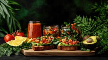 Delicious Avocado Toast with Fresh Tomato Salsa and a Tropical Smoothie Healthy Vegan Breakfast or Brunch Idea photo
