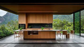 Modern kitchen design with panoramic mountain views large windows natural wood cabinetry island stunning landscape photo