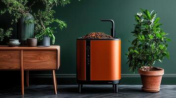 Modern Copper Home Compost Bin in Stylish Living Room with Plants Eco Friendly Waste Disposal System photo