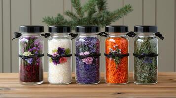 Five Glass Jars Filled with Dried Herbs Flowers and Spices Decorated with Black Ribbons on Wooden Table photo