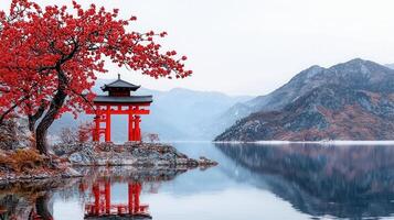 Serene Asian landscape Red torii gate by a tranquil lake surrounded by majestic mountains and a vibrant blossoming tree photo