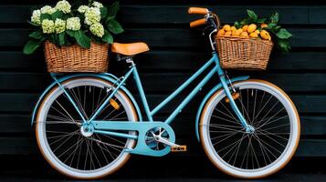 Stylish Light Blue Bicycle with Flowers and Oranges in Baskets Leaning Against a Dark Wooden Wall photo