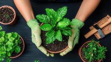 Gardener s Hands Gently Holding a Lush Green Potted Plant Overhead View of Gardening photo