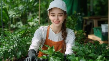 Happy young woman gardener tending plants in a greenhouse Smiling female farmer working in a lush garden photo