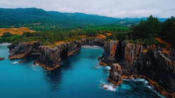 Stunning Aerial View of Ocean Coastline Dramatic Cliffs Turquoise Water Secluded Beach Green Forest photo