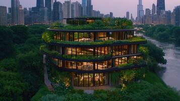 Modern Eco Friendly Luxury Apartment Building with Rooftop Garden Overlooking City Skyline at Dusk photo