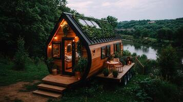 Idyllic Wooden Tiny House on Riverbank at Dusk Eco Friendly Cabin Retreat photo