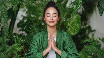 Serene Young Woman Meditating in Lush Greenery Peaceful Mindful Asian Female in a Tranquil Garden photo