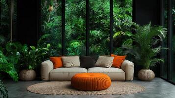 Modern Beige Sofa in Tropical Room with Lush Greenery and Orange Pouf Relaxing Interior Design Scene photo