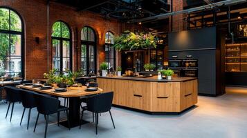 Modern Industrial Kitchen Design with Wooden Island and Brick Walls Large Windows Natural Light Dining Area photo