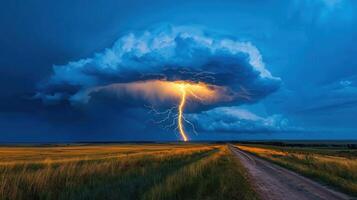 Dramatic Lightning Strike over Rural Landscape A Stunning View of a Powerful Lightning Bolt Striking a Field photo