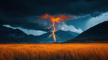 Dramatic Lightning Strike over Golden Wheat Field and Mountain Landscape A Stunning Nature photo