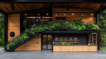 Modern Wooden Building with Green Plants and Stairs Sustainable Architecture Design photo