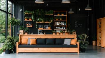 Modern wooden sofa in a plant filled shop interior design Stylish rustic cafe with indoor plants and shelving photo