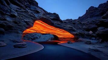 Scenic road winding through a breathtaking natural rock archway glowing with vibrant orange and red hues at sunset photo