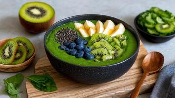 Delicious Green Smoothie Bowl with Kiwi Banana and Blueberries A Healthy Breakfast or Snack Option photo