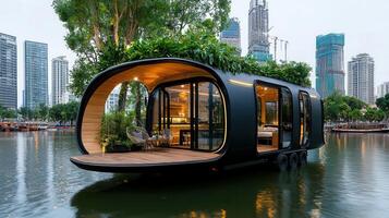 Modern Eco Friendly Floating Home on Calm Water near City Skyline at Dusk Luxurious Tiny House Design photo