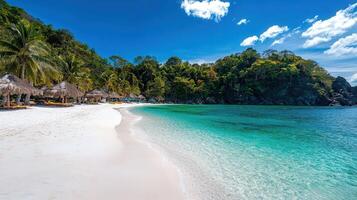 Idyllic Tropical Beach Scene White Sand Beach with Turquoise Water and Palm Trees photo