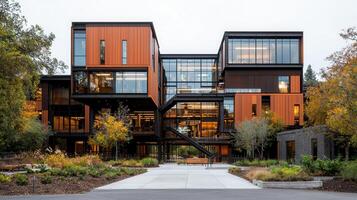 Modern Architectural Design Stunning Contemporary Building Exterior with Wooden and Metal Facade in a Park like Setting photo