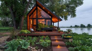Modern A Frame Cabin Lakeside Retreat with Deck and Vegetable Garden at Dusk photo