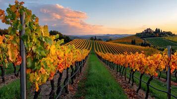 Stunning autumn vineyard landscape at sunset Rows of grapevines with colorful leaves Tuscany Italy photo