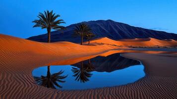 Serene Desert Oasis Palm Trees Reflecting in a Still Pool of Water at Sunset photo