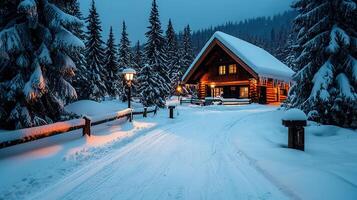 Cozy Wooden Cabin in Snowy Winter Forest at Dusk Illuminated Path photo