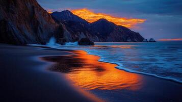 Dramatic Sunset Over Ocean Beach Coastal Cliffs Vibrant Sky Colors Seascape photo