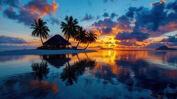 Stunning Tropical Sunset Over a Calm Ocean with Palm Trees and Beach Hut photo