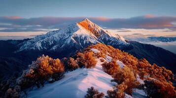 Majestic snow capped mountain peak at sunrise with golden shrubsWinter wonderland landscape scenic view photo