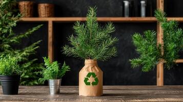 Evergreen Tree Branch in Recycled Paper Container on Wooden Table with Other Plants Sustainable Eco Friendly Concept photo