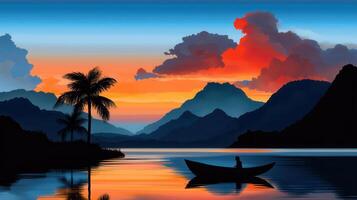 Serene Sunset Landscape Person in a Boat on Calm Lake Palm Trees Silhouetted Against Vibrant Sky and Mountains photo