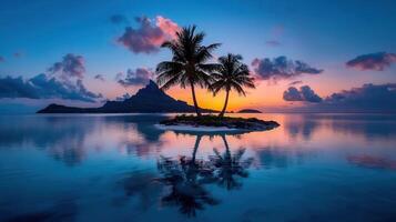 Serene Tropical Island Sunset Scene Two Palm Trees on a Small Island in Calm Ocean Waters at Dusk photo