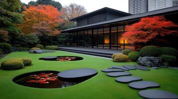 Serene Japanese Garden Design Koi Pond Modern House Autumn Foliage Landscaping photo