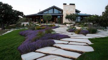 Modern Stone House with Lavender Garden and Flagstone Pathway Luxurious Landscape Design photo