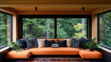 Relaxing Orange Sofa in Modern Cabin with Forest View Large Windows Cozy Interior Design photo