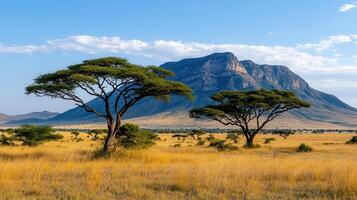 Serene African Savanna Landscape with Acacia Trees and Majestic Mountain photo